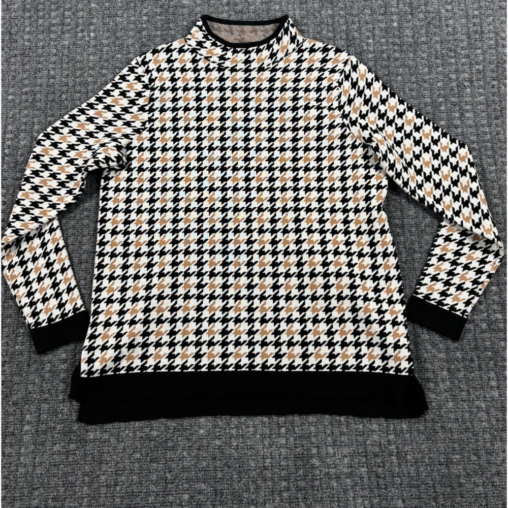 Adrianna Papell Houndstooth Mock Neck Knit Sweater Top XS Black Tan White